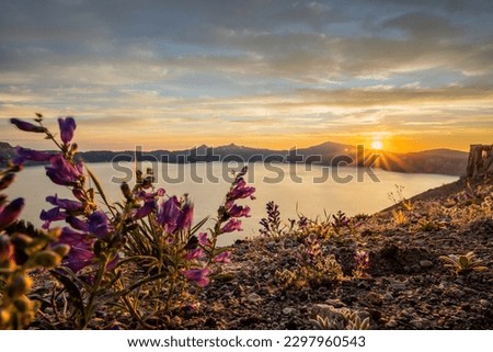 Sunset Light on the Rim of Crater Lake from Skell Head in summer Royalty-Free Stock Photo #2297960543