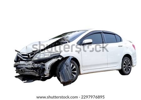 Front and side of white car get damaged by accident on the road. damaged cars after collision. isolated on white background with clipping path include Royalty-Free Stock Photo #2297976895