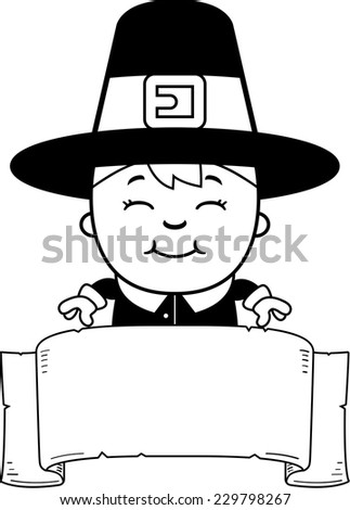 A cartoon illustration of a boy pilgrim with a banner.