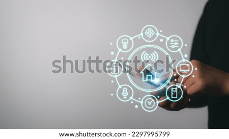 Smart Home concept. View of a Home button of a technology interface surrounded by application technology app concept.