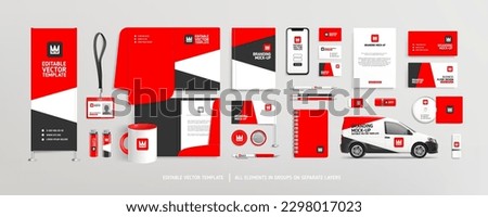 Brand Identity stationery Mock-Up set with red and black abstract design concept. Branding stationery mockup template of vertical banner, flyer, promotional car, A4 brochure, etc. Editable vector Royalty-Free Stock Photo #2298017023