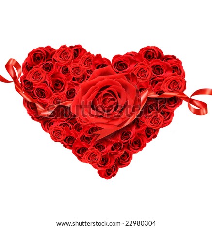 Red roses in the shape of heart on white