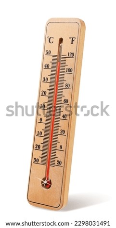 Wooden thermometer with high temperature close-up on a white background. Isolated Royalty-Free Stock Photo #2298031491