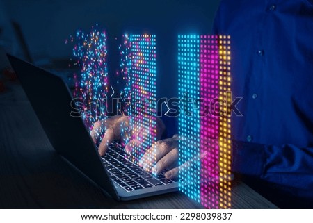 Big data analysed with AI technology for business analytics. Getting insights from data mining, filtering, sorting, clustering. Data scientist working on visualization on virtual computer screen. Royalty-Free Stock Photo #2298039837