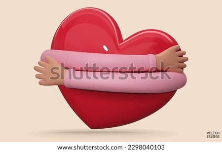 3D hands hugging a red heart with love. Cartoon Hand embracing heart with pink sleeve isolated on beige background. love yourself. Used for posters, postcards, t-shirt prints. 3D vector illustration. Royalty-Free Stock Photo #2298040103