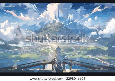 fantastical and surreal landscape of a magical kingdom with floating islands rainbow bridges Royalty-Free Stock Photo #2298046603