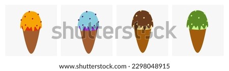 set of ice cream with various flavors in cone. summer or food and beverage design theme. tropical fruit, bubble gum, chocolate, and green tea flavor ice cream clip arts.