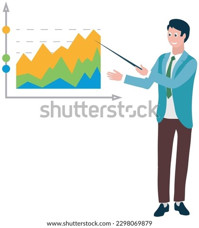 Smiling man is confident representing project. Businessman presents charts and reports, marketing data on presentation screen, explaining graphs. Presentation and advertising at business seminar