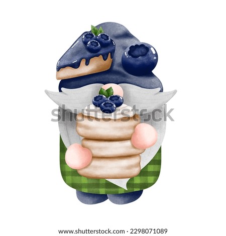 Watercolor gnome boy with blueberry pancakes and blueberry cheesecake isolated on white background. Gnome summer fruit illustration,cafe decoration.