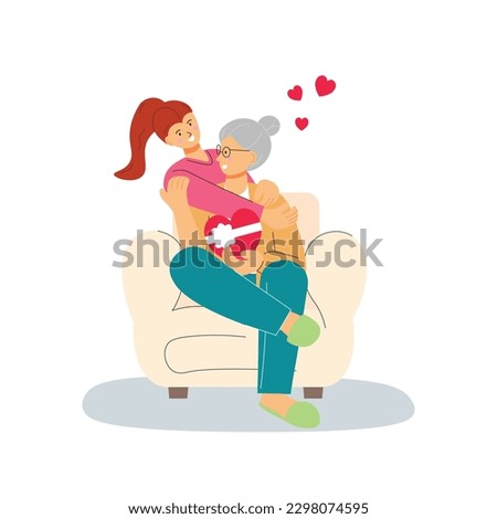 Young woman hugging her old mother with love on the couch from behind. Mothers day concept vector illustration.