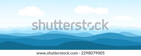 Blue ocean or sea waves. Realistic vector ocean waves and sky with clouds on wide background. Abstract blue sea waves. Vector illustration Royalty-Free Stock Photo #2298079005