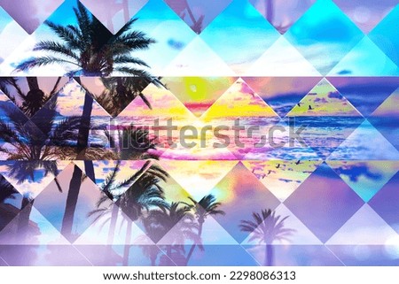 Sunset  sky and palm trees view,vintage style,summer panoramic background.Abstract summer and vacation geometric design.Soft focus and creative noise.
