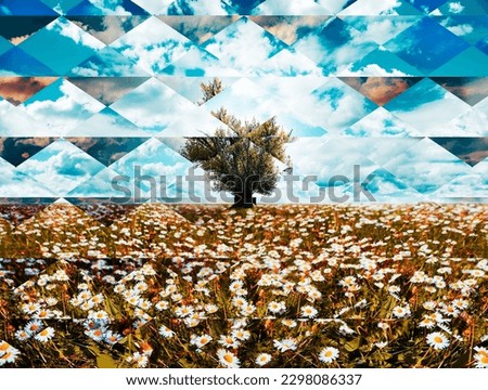 Abstract geometric nature background.Noise and chromatic artistic aberration.Sunset fields of daisies and tree design. Royalty-Free Stock Photo #2298086337