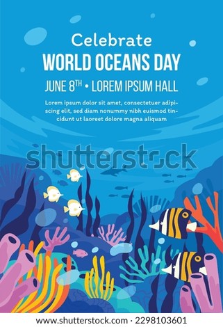 World oceans day. World ocean day. underwater ocean background. dolphin, shark, coral, sea plants, stingray and turtle. design, poster, banner, template, card. save ocean. concept. vector illustration Royalty-Free Stock Photo #2298103601