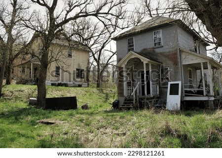 Rows of abandoned houses in an old abandoned mining town. Royalty-Free Stock Photo #2298121261