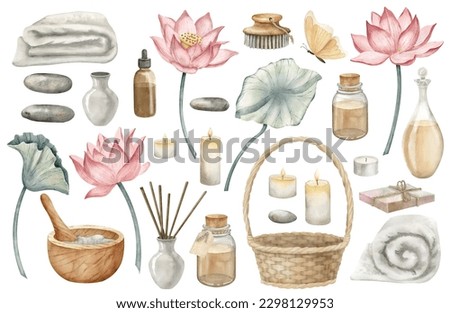 Spa watercolor set. Hand drawn illustration of lotus flowers, retro flacons, bath towels and eco cosmetics on white isolated background for aromatherapy design. Drawing of relaxation nature clip art.