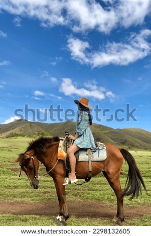 Aesthetic picture of a girl riding a horse with beautiful scenery.