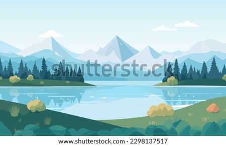 
Landscape. Mountain lake landscape vector illustration. Cartoon flat panorama of spring summer beautiful nature, green grasslands meadow with flowers, forest, scenic blue lake and mountains  Royalty-Free Stock Photo #2298137517