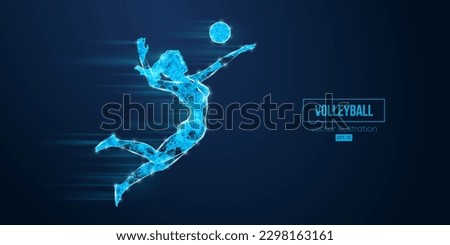 Abstract wireframe silhouette of a volleyball player from triangles and particles on blue background. Volleyball player woman hits the ball. Vector illustration
