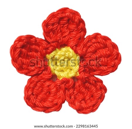 Knitted Cute Red Flower Isolated On White Background