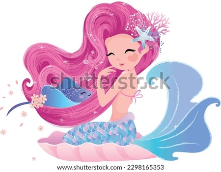 Pretty Mermaid with her sweet friend, vector illustration. Royalty-Free Stock Photo #2298165353