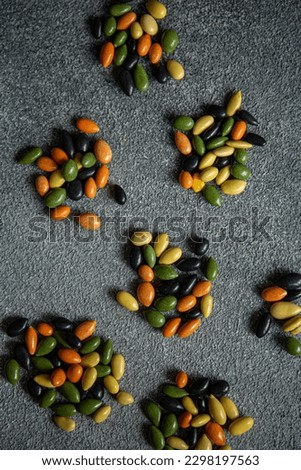 Three coloured sunflower seeds in different shapes and patterns