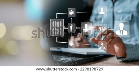 Business hierarchy structure. Relations of order or subordination between members. Business process and workflow automation with flowchart. Virtual screen Mindmap or Organigram. Royalty-Free Stock Photo #2298198729