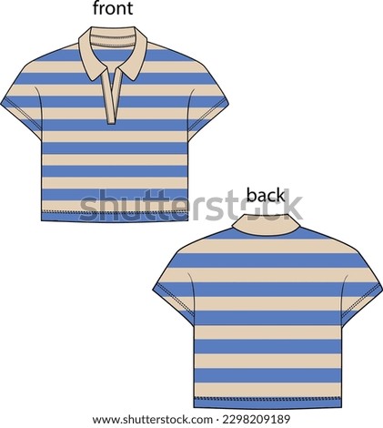 Polo collar short sleeve knitted women's t-shirt, striped fabric, front and back summer t-shirt drawing
