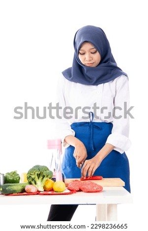 Housewife wear an apron with different posing show good sign symbolise good cook for family isolated on white background - kitchen, family, food and lifestyle concept