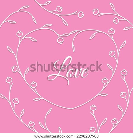 White and pink heart vector outline illustration with flowers and leaves.