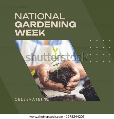 Composition of national gardening week text over biracial woman holding plant in garden. National gardening week, leisure time, hobby and garden concept digitally generated image.