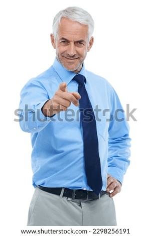 Weve found the right man. Studio portrait of a happy businessman pointing at the camera isolated on white.