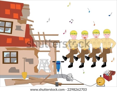 A worker of the dismantling construction of the house exercises before work.