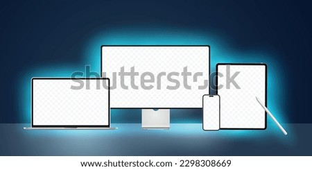 Laptop Computer, Mobile Phone and Tablet PC Mock up with a blank screen and a desk in a dark room with blue lighting. Realistic high-detailed technology devices set. Vector illustration.