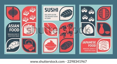 Flat retro-style sushi posters for promotion and advertising of trendy sushi bars and restaurants. Can be used for media marketing, banners, flyers, menus, logos, and icons. Royalty-Free Stock Photo #2298341967