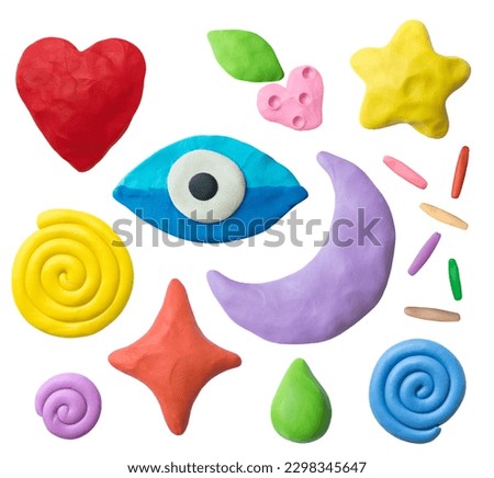 Set of plasticine objects. Handmade  hearts, eyes, moons, stars, drops, berries, snails. Modelling clay. Royalty-Free Stock Photo #2298345647