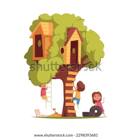 Tree house children composition with isolated view of tree with hanging cabins ladders and playing kids vector illustration