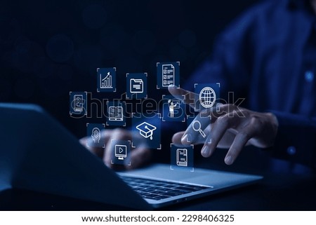 Digital technology web course training seminar, e-learning education concept on the laptop computer. online internet lessons Learning and online icons webinar communication business Royalty-Free Stock Photo #2298406325