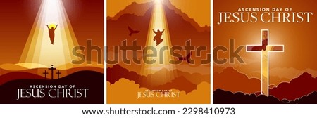 Ascension day of Jesus Christ Greeting Card Poster Set in solemn sunset colors. Jesus rising to heaven in heavenly light above surrounded by clouds. Big cross in watercolor.  Vector Illustration.  Royalty-Free Stock Photo #2298410973
