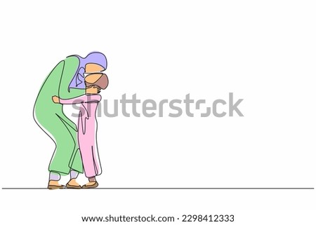 Single continuous line drawing caring young Arab mother embracing kissing cute little daughter feeling love and tenderness. Mother's day, holiday concept. One line graphic design vector illustration