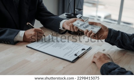 Lawyer accepting bribe concept for signing legal contract approval, rights of liberty, bribery, Concept of law, justice, court trial, and professional legal services, judge