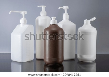 Hand sanitizer, pandemic disinfectant gel bottle. Liquid soap, foam, lotion dispenser plastic bottle mockup set, white empty and brown shampoo containers.