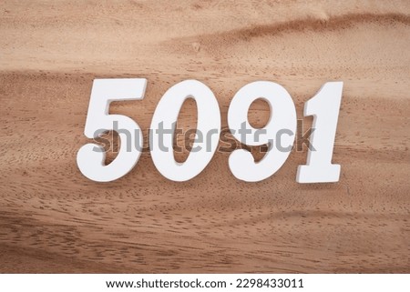 White number 5091 on a brown and light brown wooden background.