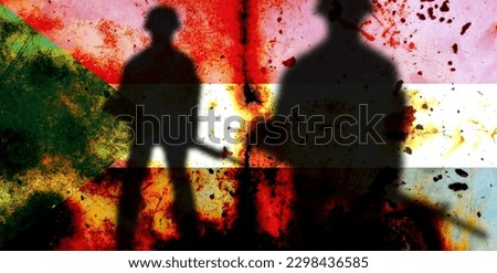 Double exposure of Sudan flag. Symbols depicting the Civil War. The civil war between Sudanese government forces and the paramilitary "Rapid Support Forces". Suitable for base map or report descriptio Royalty-Free Stock Photo #2298436585