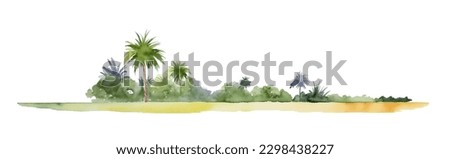 Watercolor sand beach with palms and bushes, isolated on white background. Gorizontal bar element, divider, separator, footer for your design. Vector illustration.