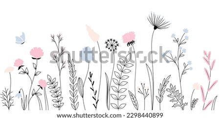 Wildflowers, herbs, flowers, plants and butterflies flyng. Outline Style Full Vector illustration.  Royalty-Free Stock Photo #2298440899