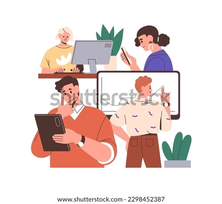 Colleagues team works under project, contributing to common business, company. Different roles, individual job in teamwork. Concept flat graphic vector illustration isolated on white background Royalty-Free Stock Photo #2298452387