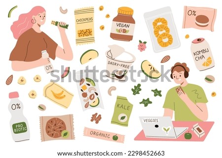 Vegans eating healthy food, vegan snacks hand drawn collection, people eating on the go, icons of packaged plant based food, vector illustrations of organic sweets, dried fruit, dairy free desserts Royalty-Free Stock Photo #2298452663