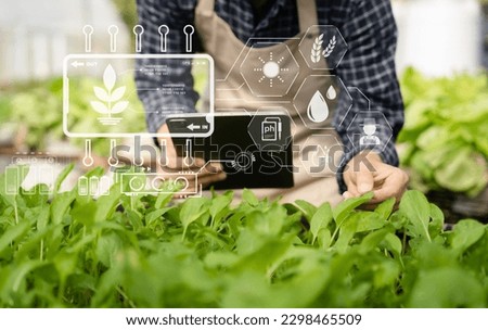 Agricultural technology farmer man using tablet computer and smartphone analyzing data and morning image icon.