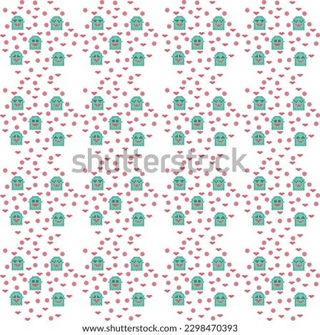 Seamless pattern with green monsters and hearts on a white background